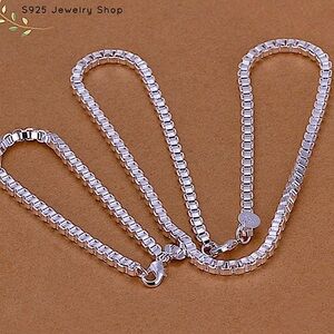 Sterling Silver Box Chain Link Necklace Bracelet Matching Set